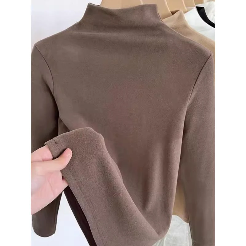 德绒半高领白色打底衫女秋冬季修身显瘦收腰洋气加厚内搭长袖T恤