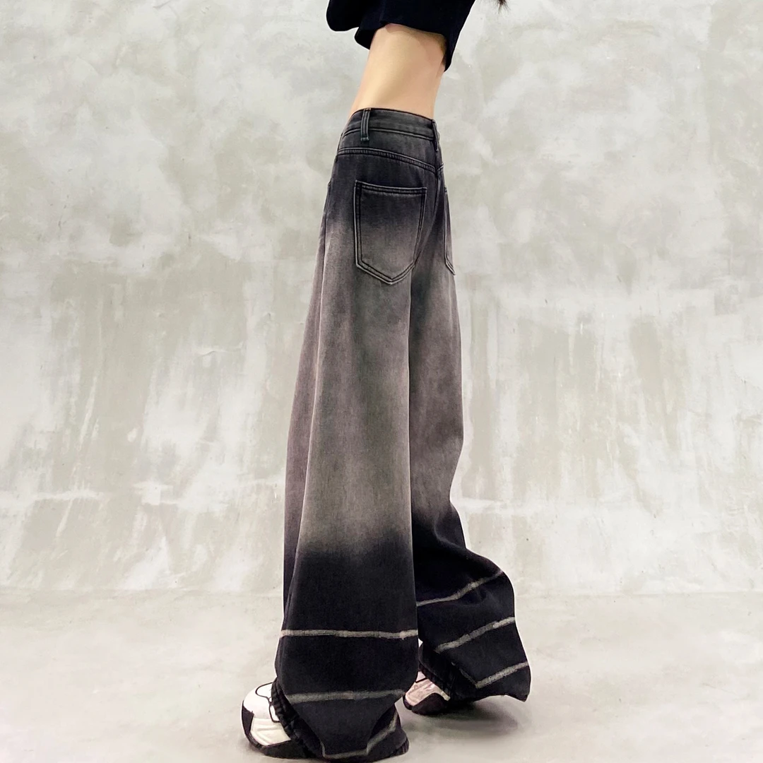 渐变拼色设计加绒休闲牛仔裤女冬新款高腰宽松显瘦百搭直筒阔腿裤