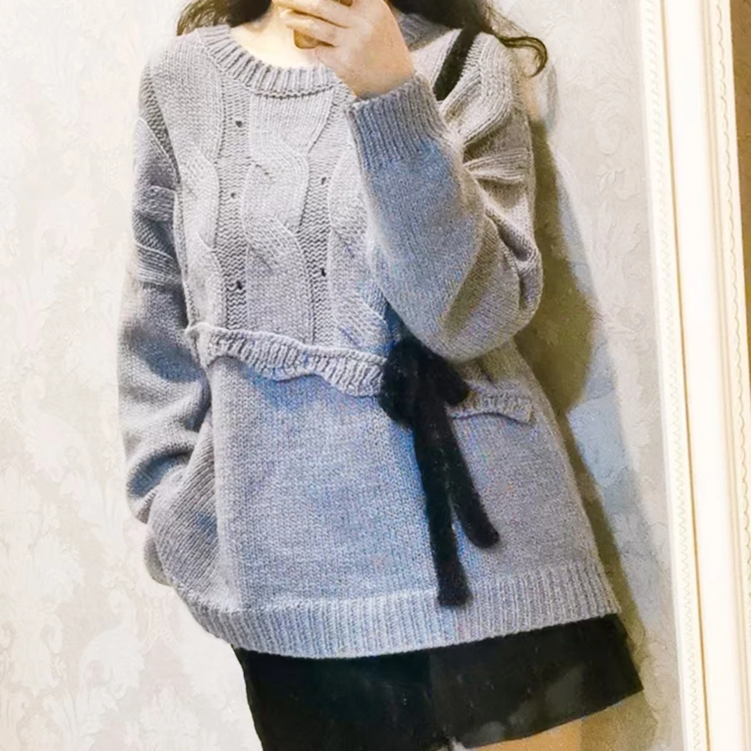 麻花结（波浪边+系带 麻花落肩套头衫）