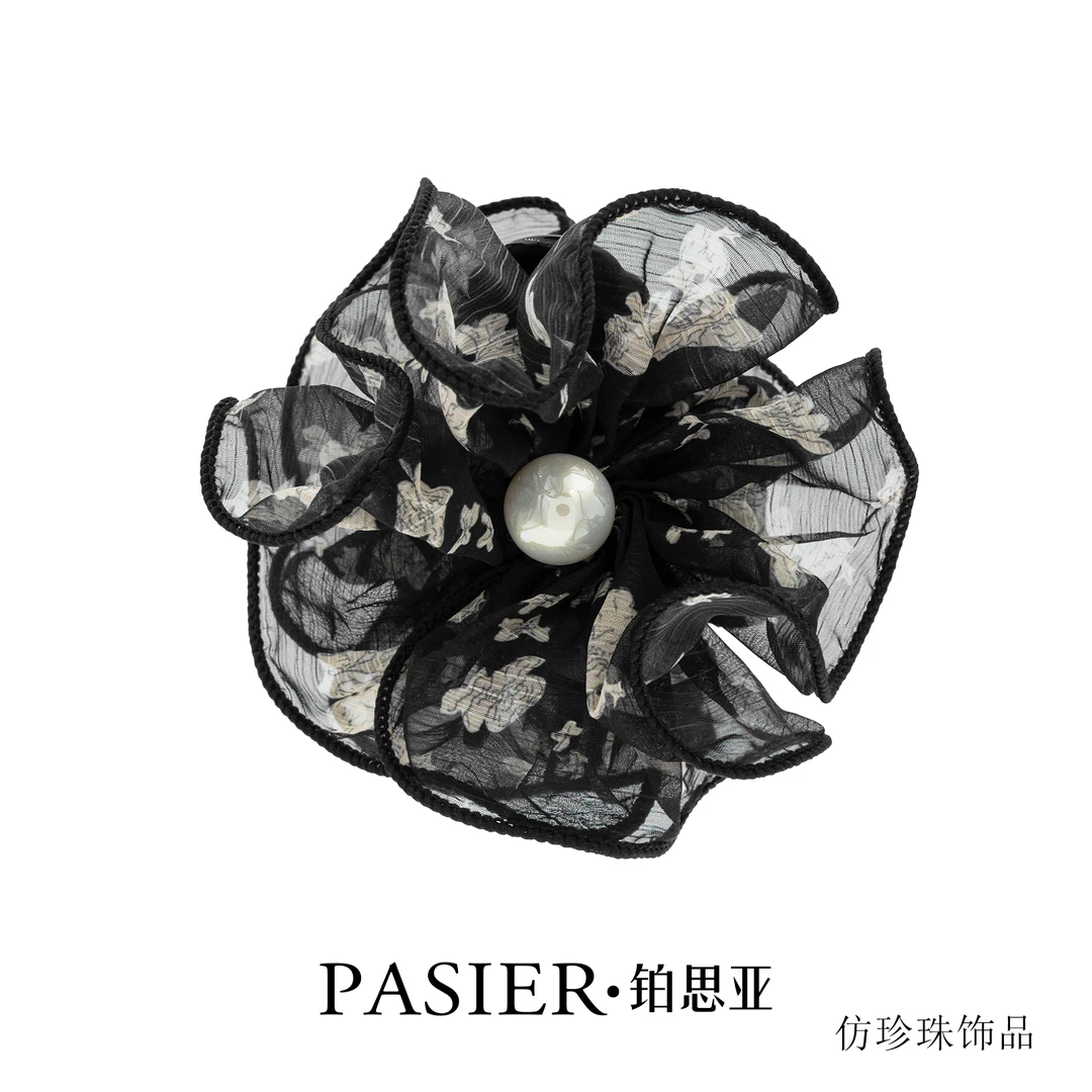 铂思亚山茶发夹女经典法式浪漫纱面丸子头马尾夹蓬松显发量抓夹