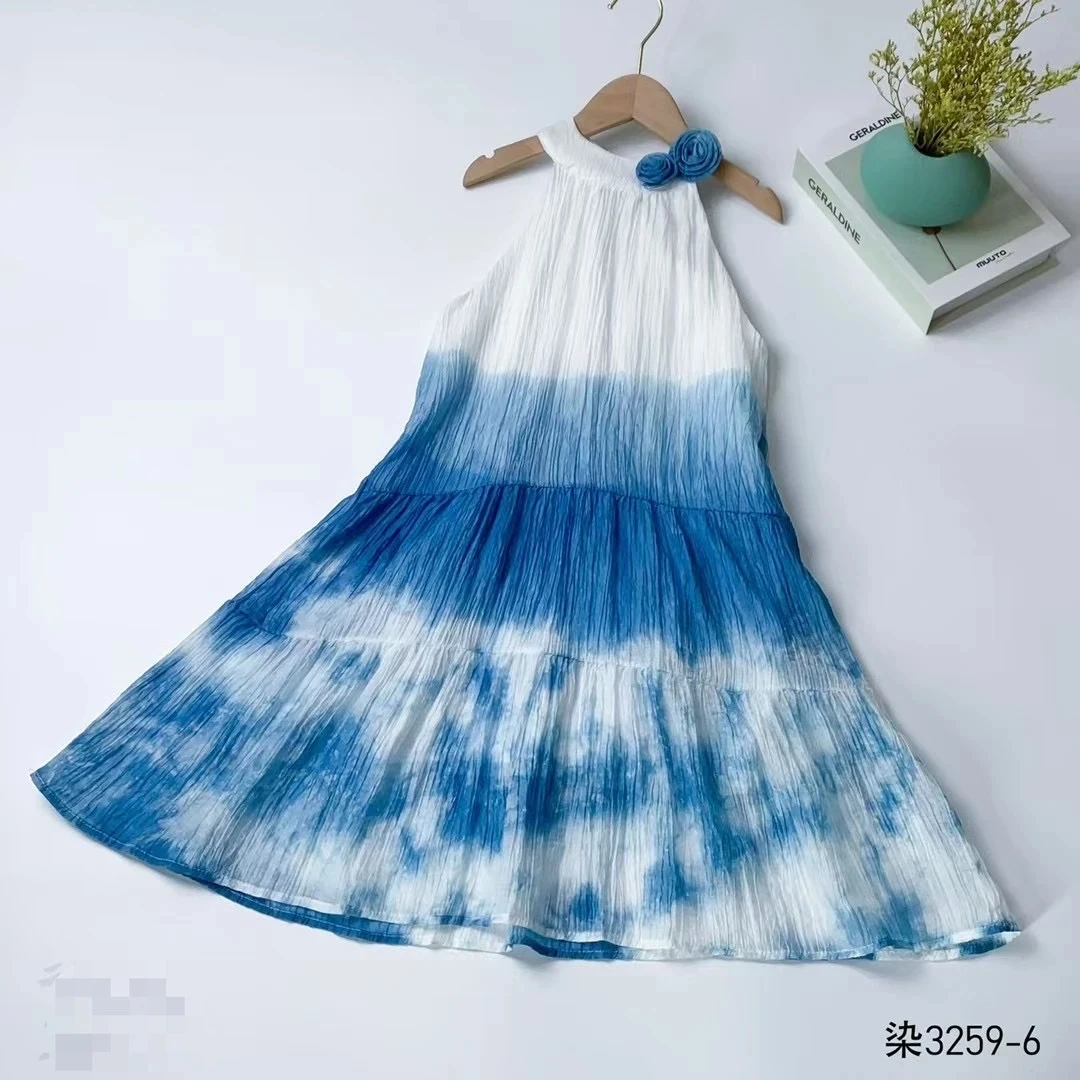 母女装女亲子装裙子大童连衣裙公主纱裙扎染渐变色蓝色女装