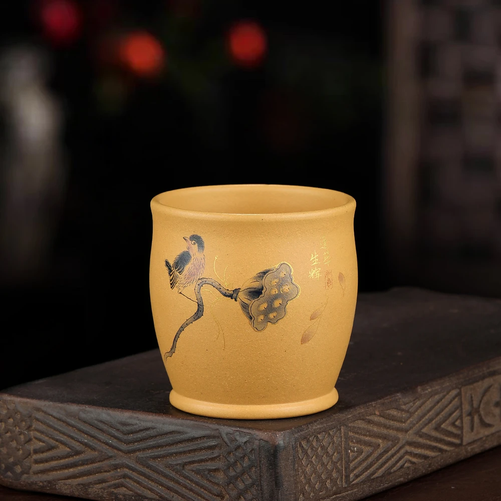 宜兴原矿紫砂主人杯 黄金段  珐琅彩  蓬荜生辉