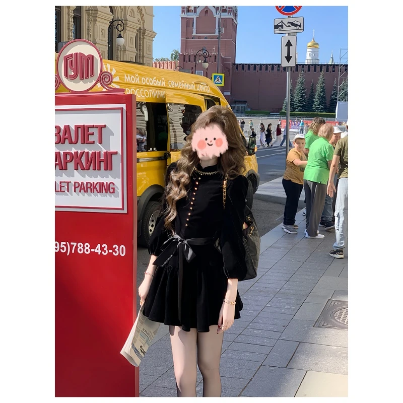 【伯拉德千金 】赫本风黑色丝绒长袖连衣裙秋季