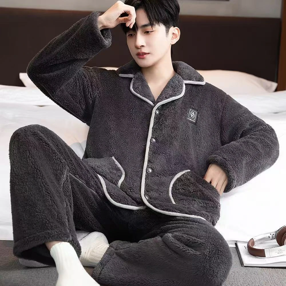 男士珊瑚绒舒棉绒家居服套装开衫大码保暖可外穿