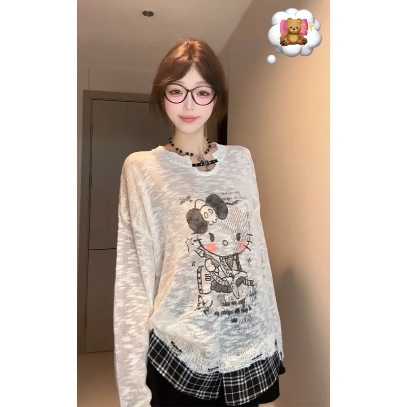 甜酷风HelloKityy涂鸦格纹拼接防晒T恤罩衫女夏季薄款微透ins上衣