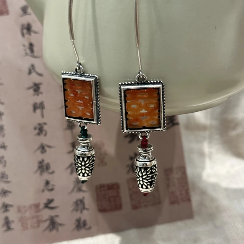 925银耳饰 <秋梦>E25747红双喜花瓶耳钩耳环复古做旧精致百搭设计