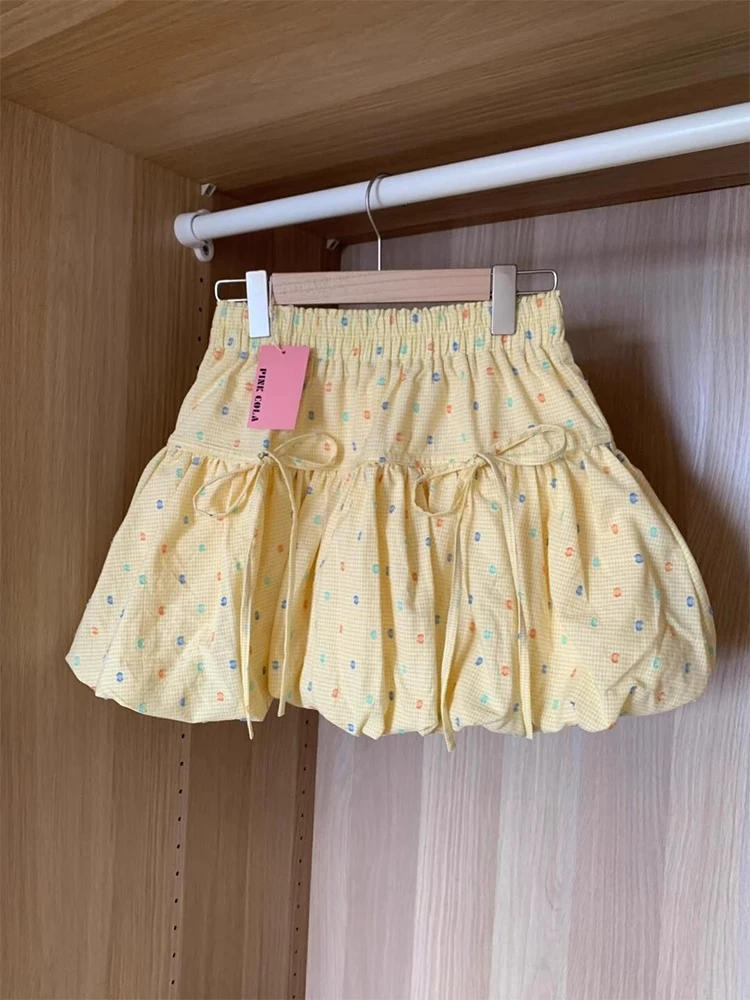 大码胖mm甜美波点松紧高腰花苞裙女夏百褶裙子a字蛋糕半身裙短裙