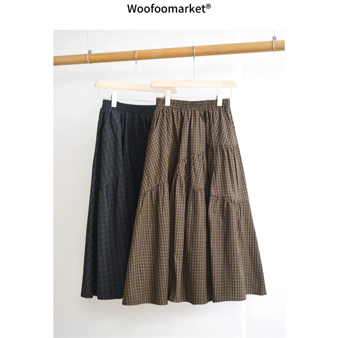 【海街日集】复古格纹分割剪裁松紧腰半身裙女秋季 AWQZ010