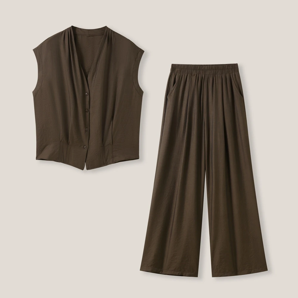 复古风休闲百搭纯色衬衫+松紧腰长裤两件套SS26307