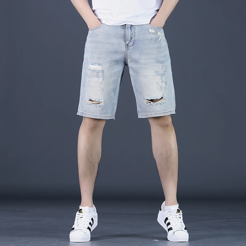韩版潮流个性高街牛仔短裤男士夏季百搭破洞中裤时尚百搭五分裤子