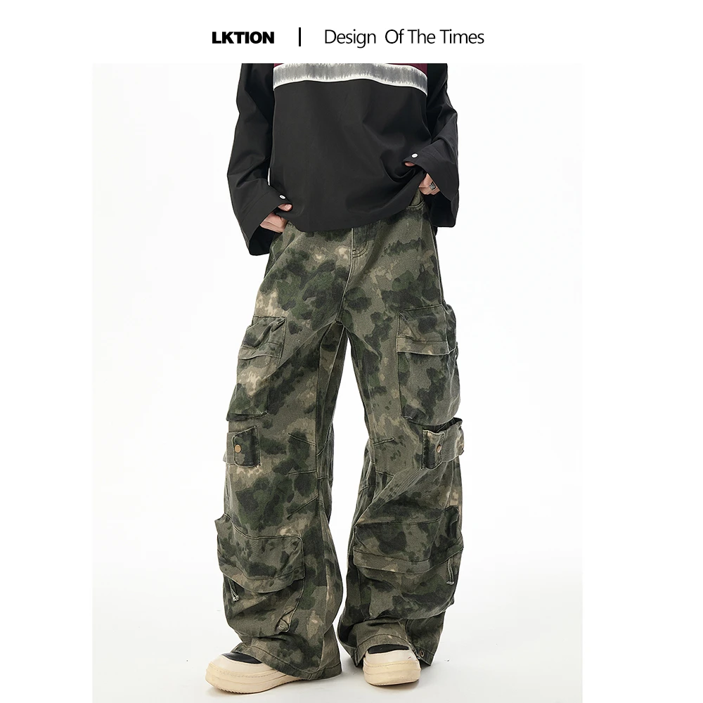 LK正品美式复古迷雾蔓延多口袋晕染迷彩裤男女宽松直筒休闲工装裤