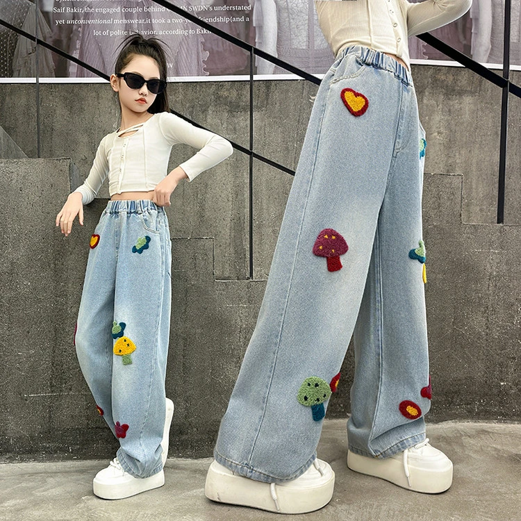 女童裤子春秋新款2025儿童装直筒阔腿裤长裤中大童春装绣花牛仔裤