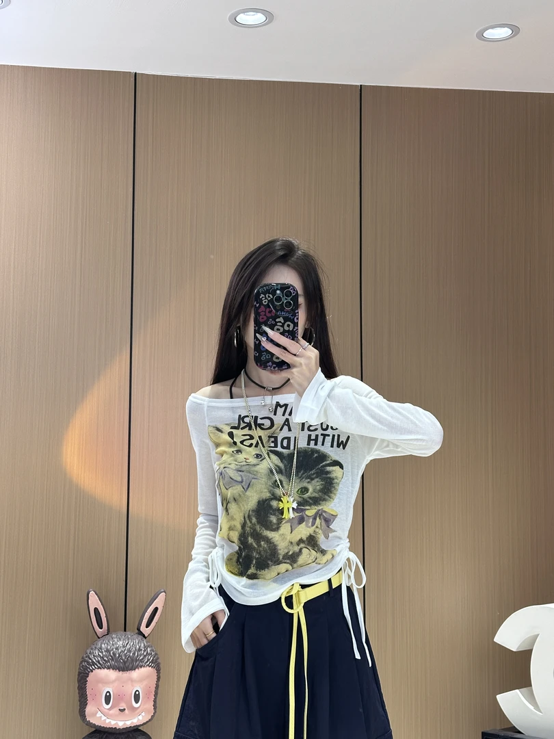 XX929-1复古猫咪印花防晒上衣长袖新款百搭甜酷辣妹一字领上衣