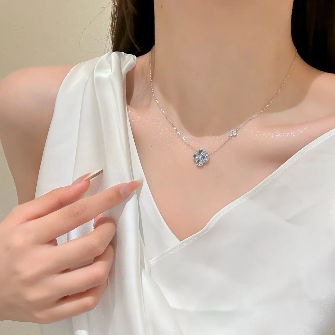 合金项链 小香轻熟爆闪满锆幸运四叶草项链脖颈链锁骨配饰