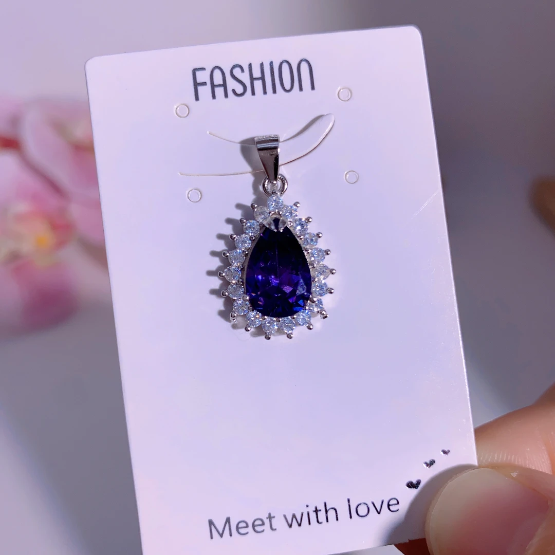 吊坠足银合成锆石 紫色水滴百搭简约时尚吊坠足银990防氧化