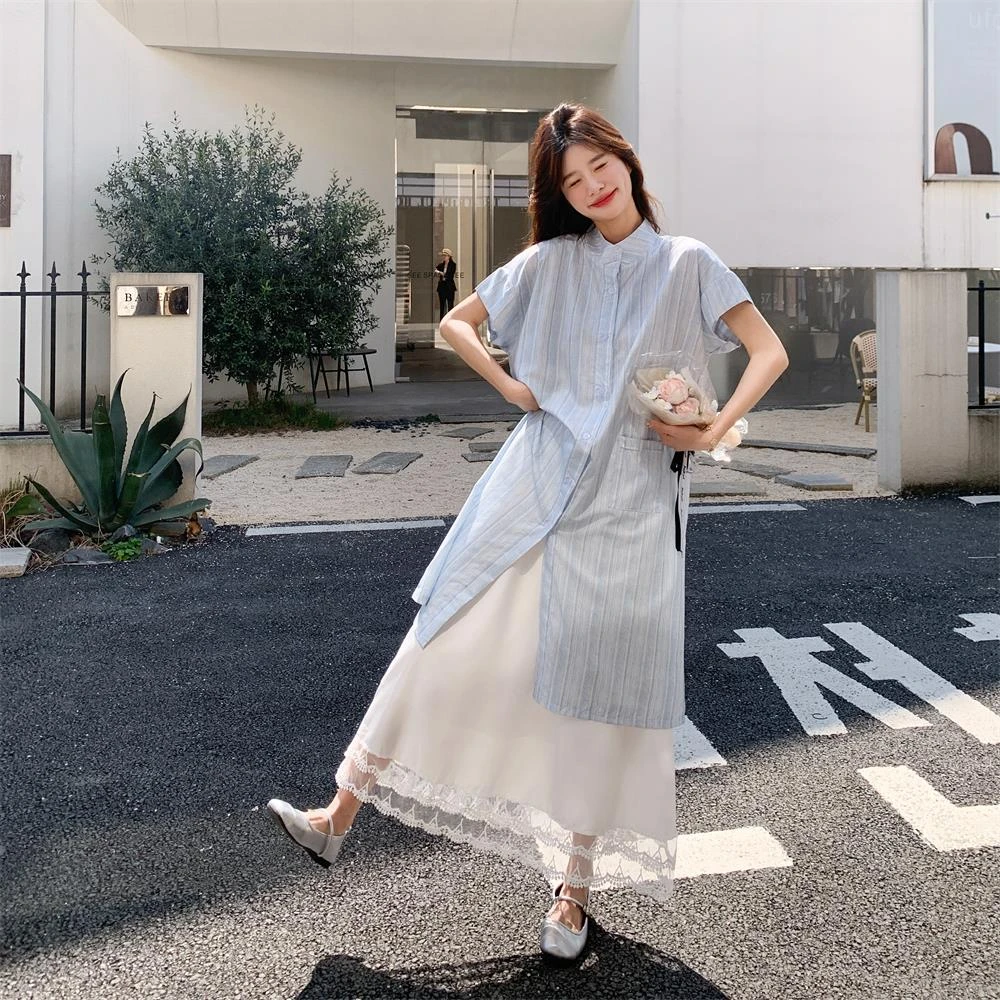 休闲条纹衬衫连衣裙套装女夏2025新款学院风独特漂亮半身裙两件套