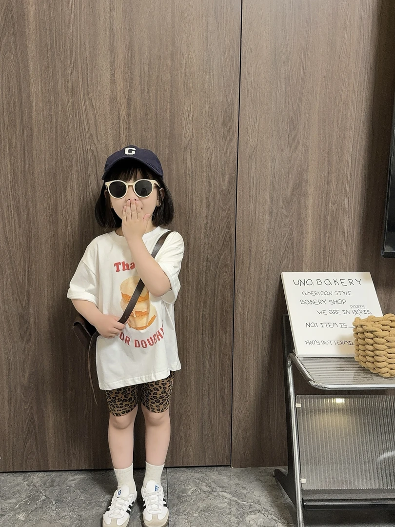 【熙熙TY】韩版儿童洋气字母印花短袖夏季可爱甜甜圈T恤+豹纹骑行裤