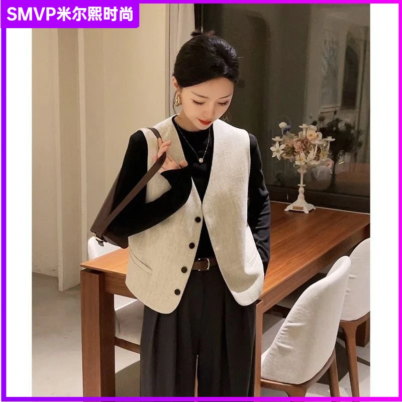 1感气质无袖时尚马甲女叠穿外搭西装马夹纯色百搭坎肩背心外套l