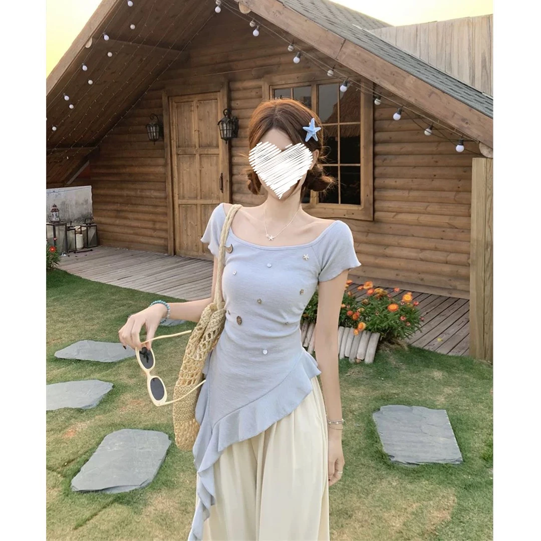 9918#大码新款立体贝壳设计小众下摆不规则荷叶边短袖