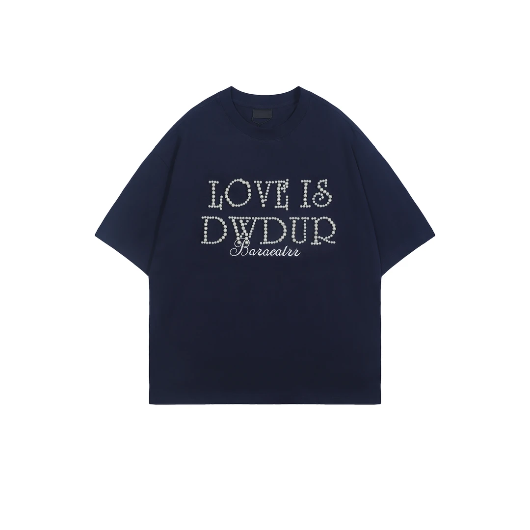 大码美式复古设计立体珍珠字母宽松短袖T恤男女圆领情侣体恤潮夏