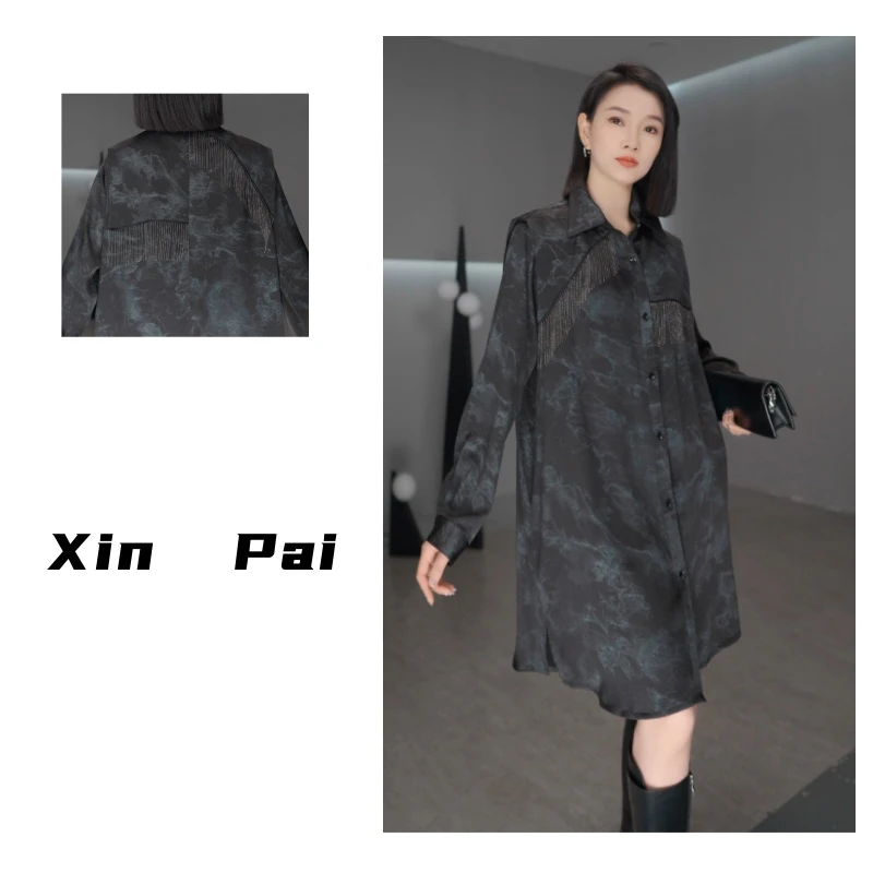 鑫鑫原创衬衫裙秋季复古宽松设计感小众裙金属流苏重工连衣裙612