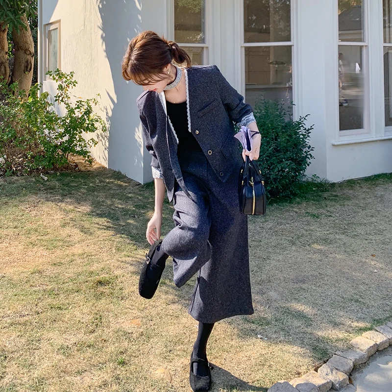 蕾丝拼接上衣阔腿裤两件套女2025新款早春穿搭高级感盐系轻熟套装