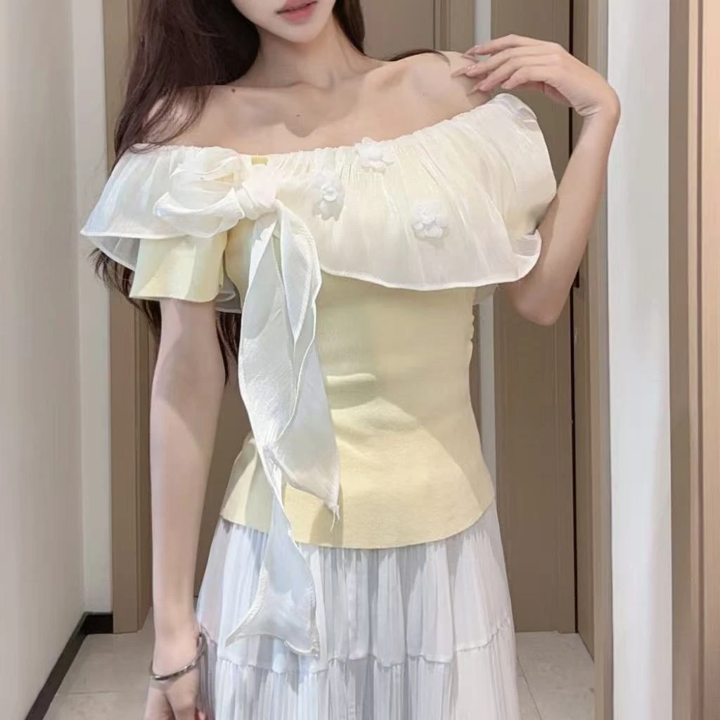 T恤立体装饰柔美风夏季褶皱方领短款常规短袖系带
