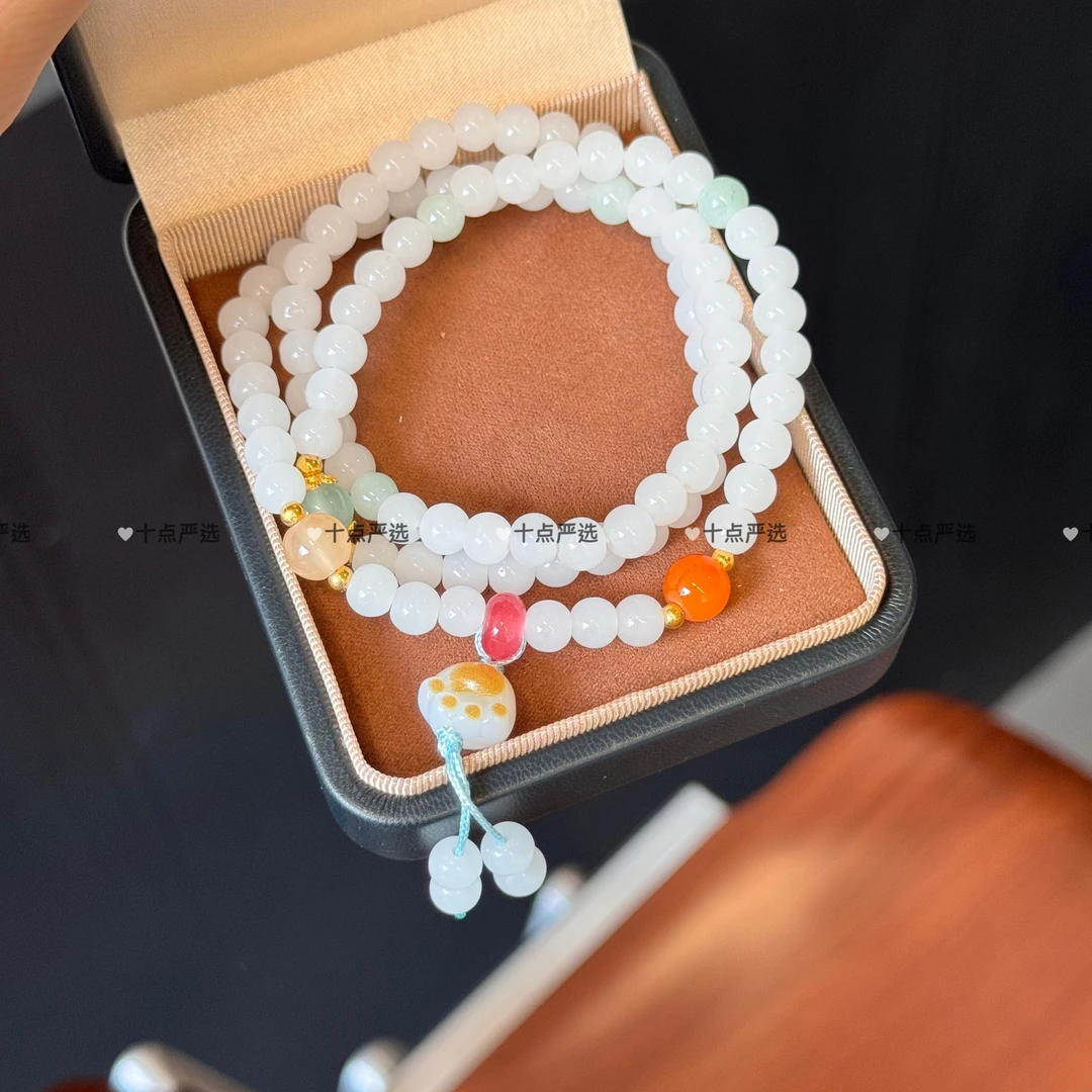 非金属玻璃手链 可爱炭烧猫爪三圈手串中式国潮编织闺蜜手链