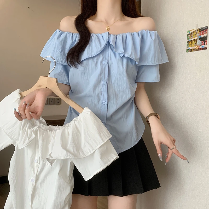 芷蕾大码夏季露肩两穿短袖衬衣胖妹妹显瘦一字领半袖设计感上衣女