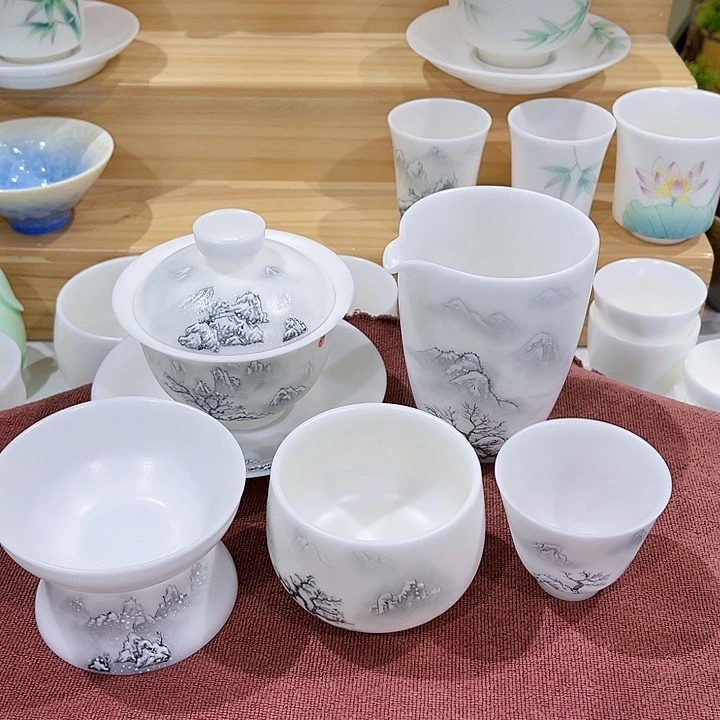 高冰素烧手绘山水墨碗160套装十客杯陈*