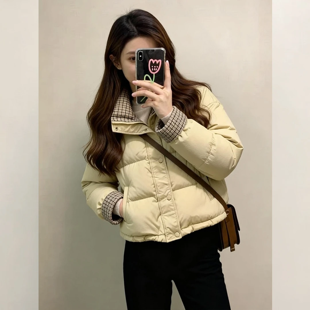 黄色格纹拼接短款羽绒服女款冬季江浙沪千金温柔气质有质感厚外套