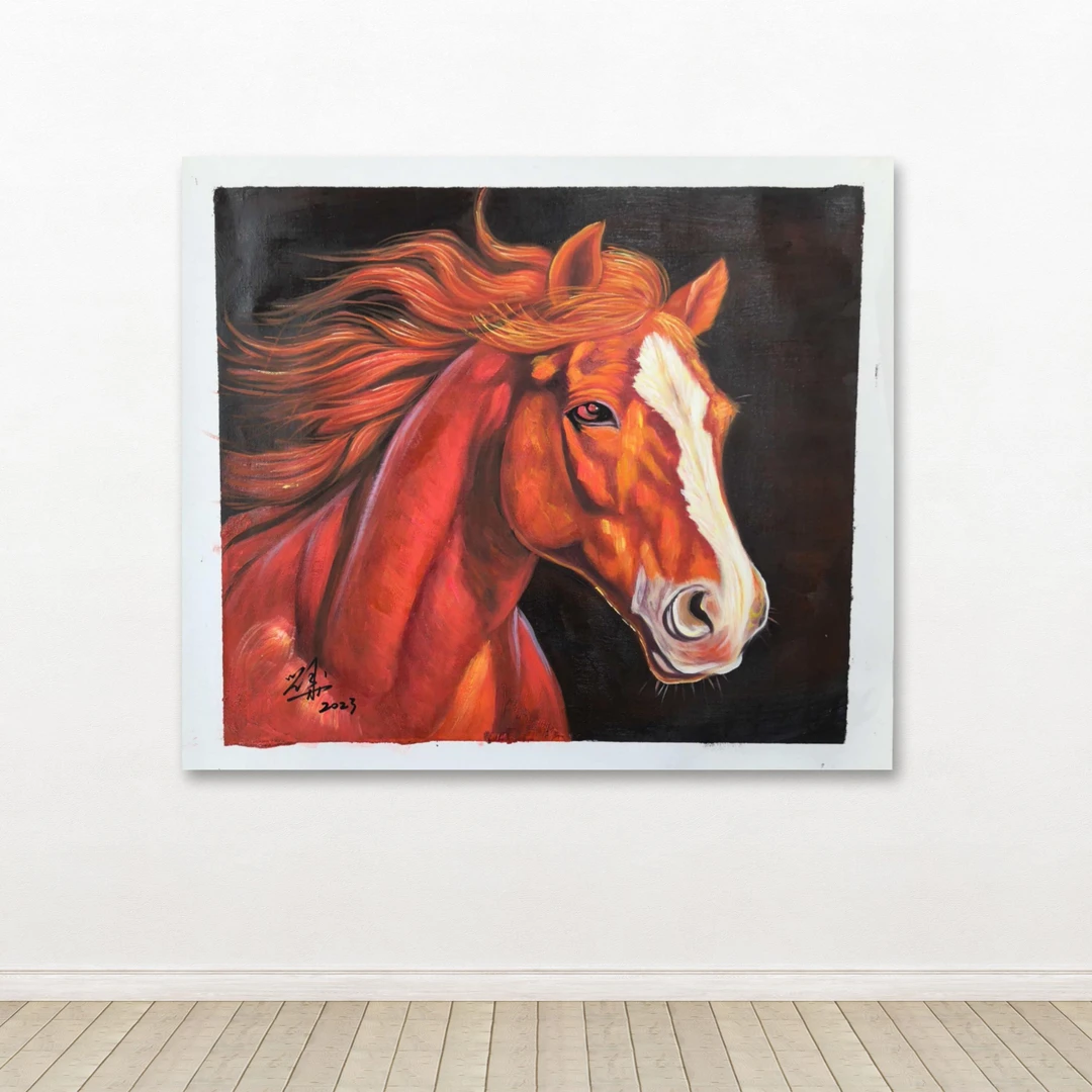 刘用华-手绘油画-红马-客厅办公室挂画
