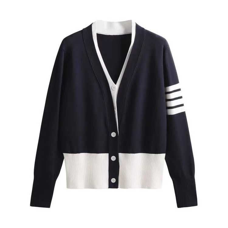 韩版假两件v领毛衣女短款针织开衫女四道杠慵懒风修身上衣女外套