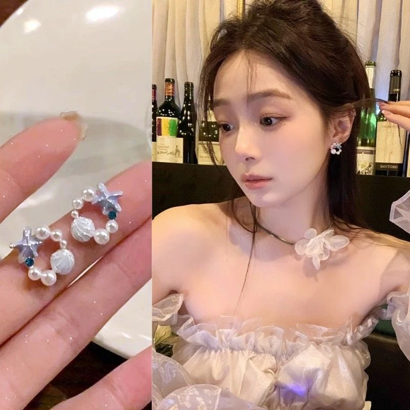 钛钢亚克力耳饰 2025新款海边少女海星海螺贝壳银轻奢小众耳环