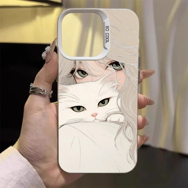 彩银壳抱猫女孩适用苹果16华为oppo小米15vivo荣耀oppo红米iphone