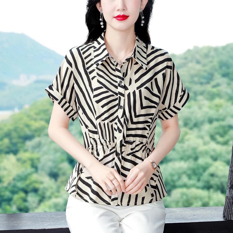 妈妈装夏款减龄衬衫高贵阔太太短袖T恤时尚条纹上衣温婉大方衣服