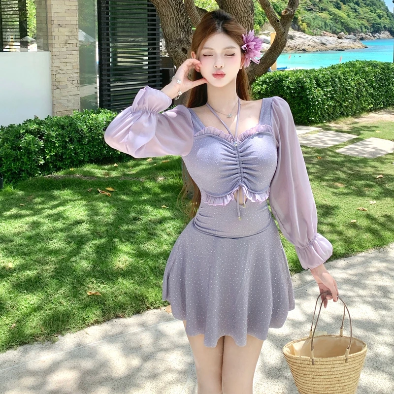 《紫屿袖舞》仙女范保守连体裙泳衣显瘦遮肚适合海边度假泡温泉泳装