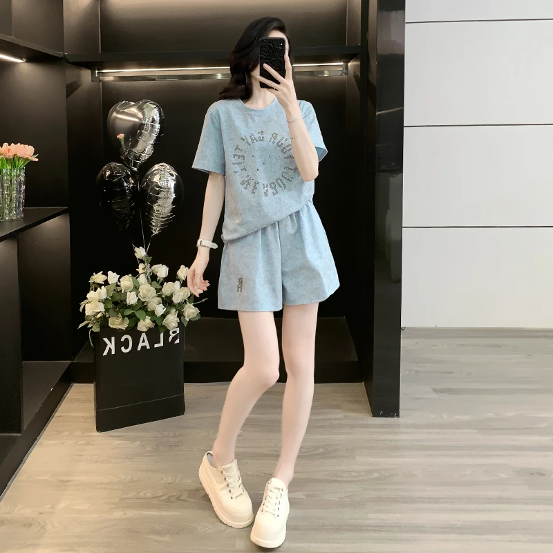休闲短袖套装女两件套运动短裤时尚休闲夏季减龄宽松洋气百搭印花