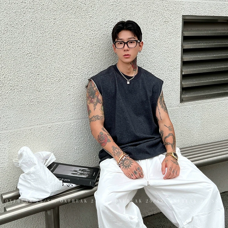OXFREAK「雪花水洗做旧」纯棉重磅黑色背心男宽松高级感无袖坎肩