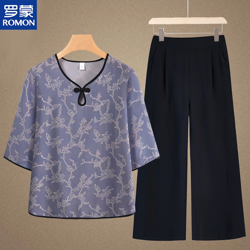 罗蒙洋气妈妈夏季套装七分袖中老年女装奶奶装大码薄款短袖衬衫