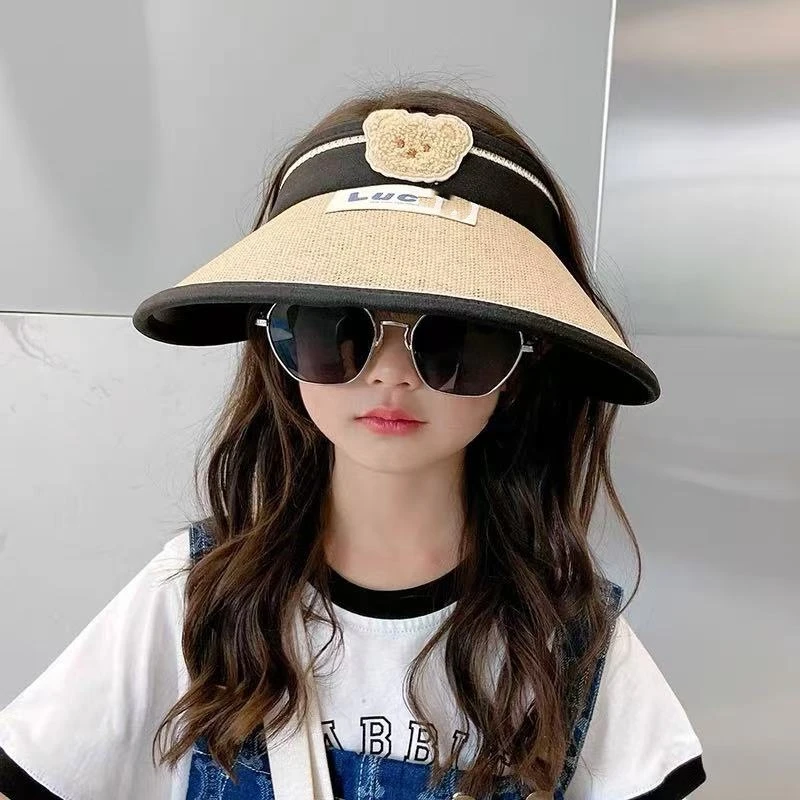 儿童防晒透气草编小熊可爱帽男女童大檐空顶帽子可卷太阳帽