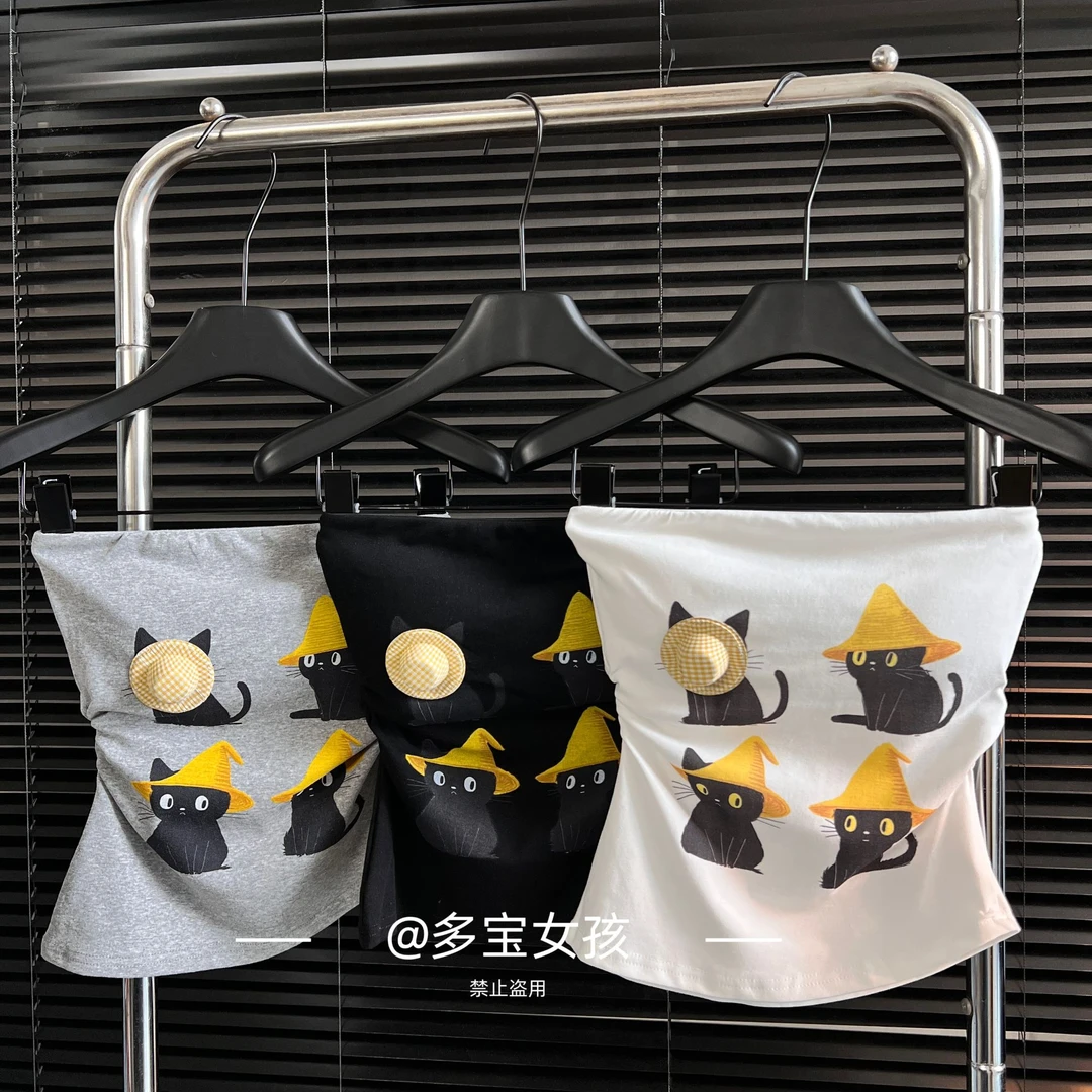 【多宝】夏季辣妹美式带帽吊带印花修身抹胸背心纯棉新款上衣2030