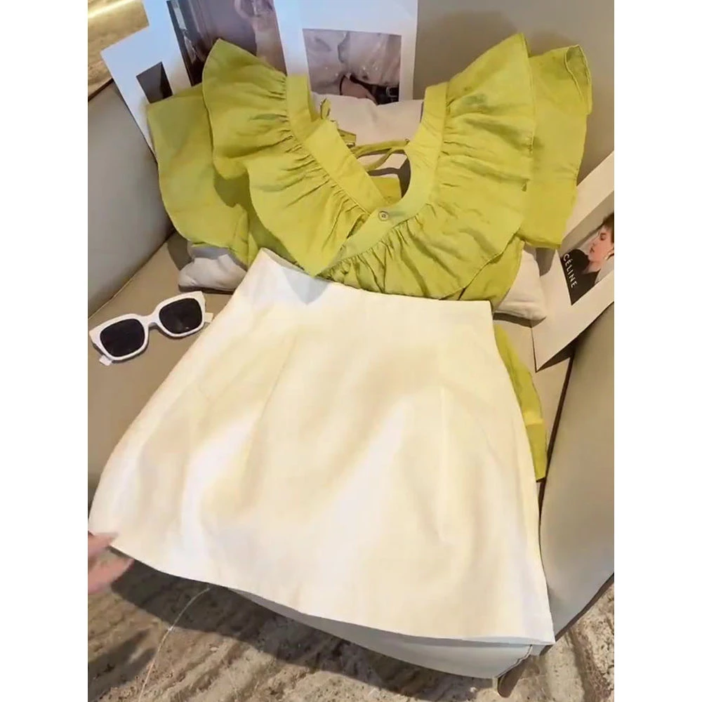 2023夏秋新款洋气荷叶边减龄衬衫+短裙御姐风上衣显瘦大码套装