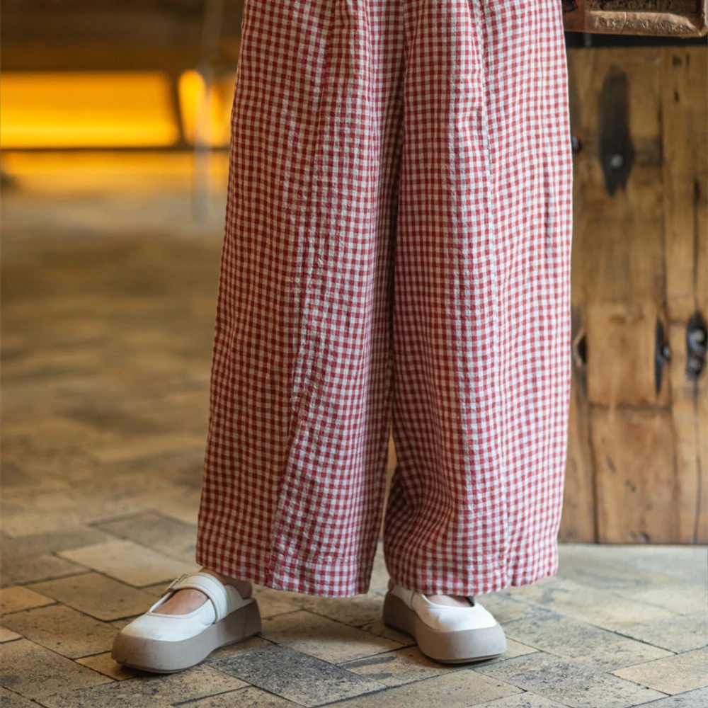 秋冬新品100%亚麻双色色织格纹休闲文艺旅行宽松显瘦长裤23059