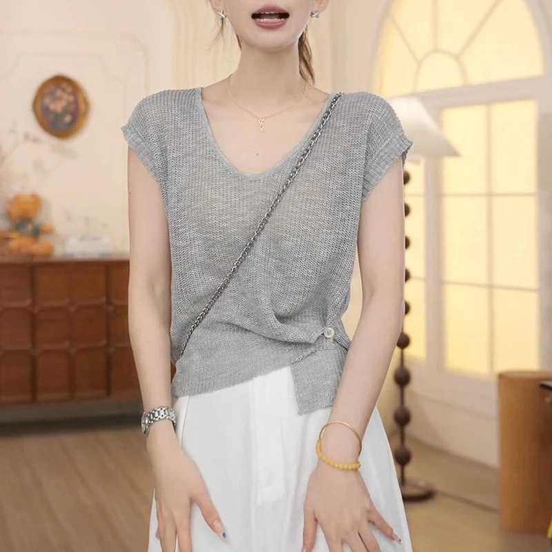 韩版圆领纯色设计感短袖针织短袖女2025夏季新款显瘦百搭通勤衣服