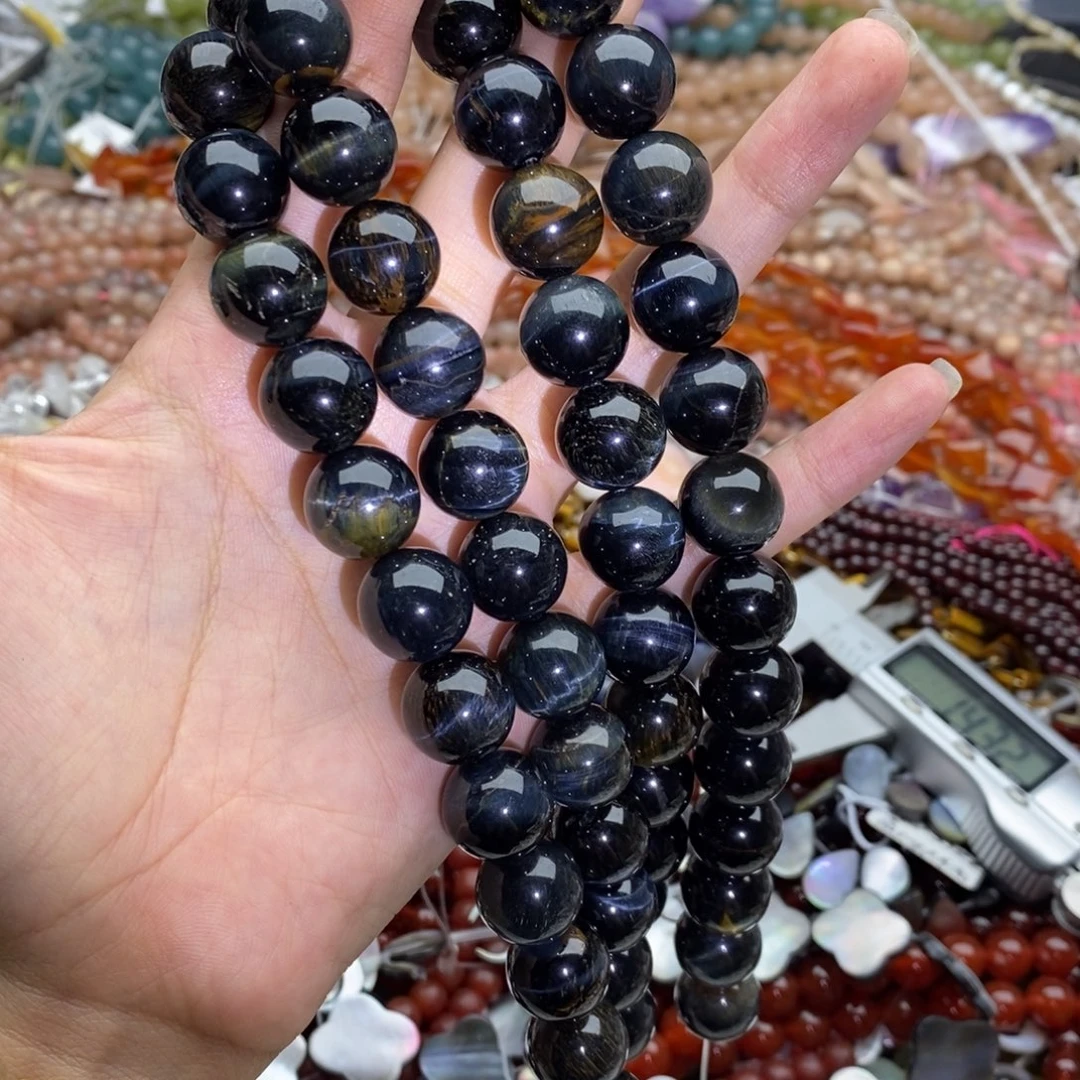 未镶嵌玛瑙/玉髓珠宝半成品一条纯天然蓝虎眼石圆珠14mm