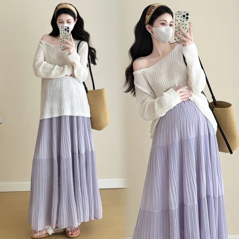 【耶耶专属】孕妇套装春夏新款冰凉针织衫防晒衫+百褶紫色半身长裙