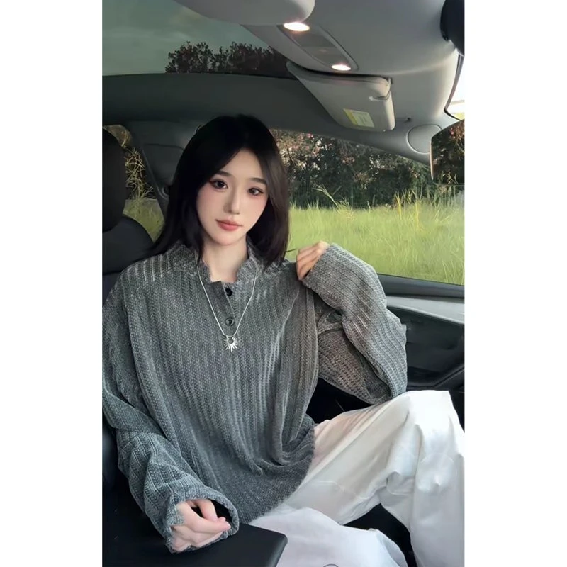 鱼骨纹亨利领卫衣男女同款小香风条纹polo衫长袖t恤重磅打底衫秋