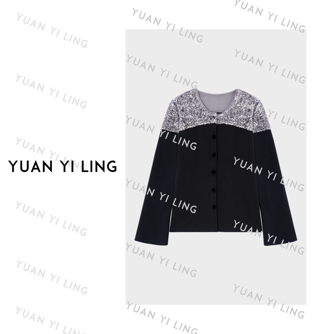 袁艺灵【闪耀星河】25秋冬定制秀款亮片拼接圆领百搭开衫外套5068