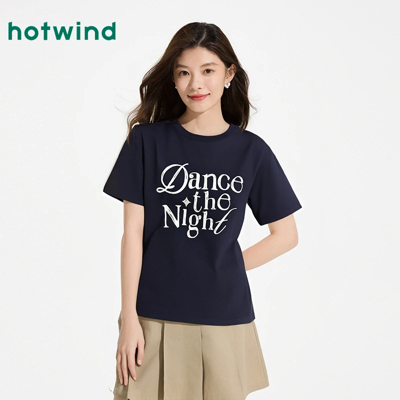 热风女士短袖T恤上衣2025年夏季新款字母印花短袖T恤宽松学生T恤